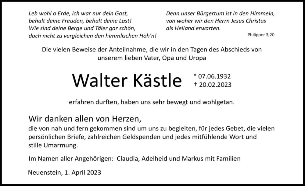  Traueranzeige für Walter Kästle vom 01.04.2023 aus GESAMT