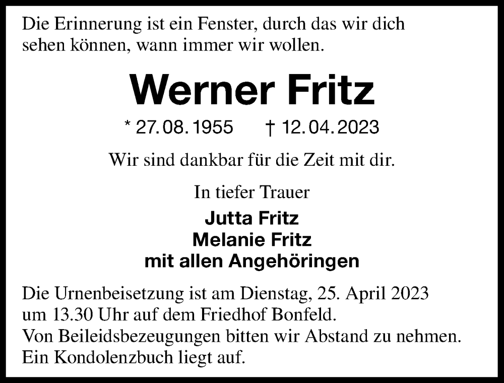  Traueranzeige für Werner Fritz vom 22.04.2023 aus GESAMT