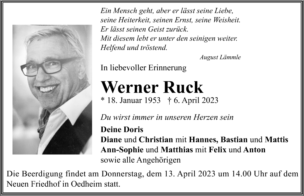  Traueranzeige für Werner Ruck vom 12.04.2023 aus GESAMT