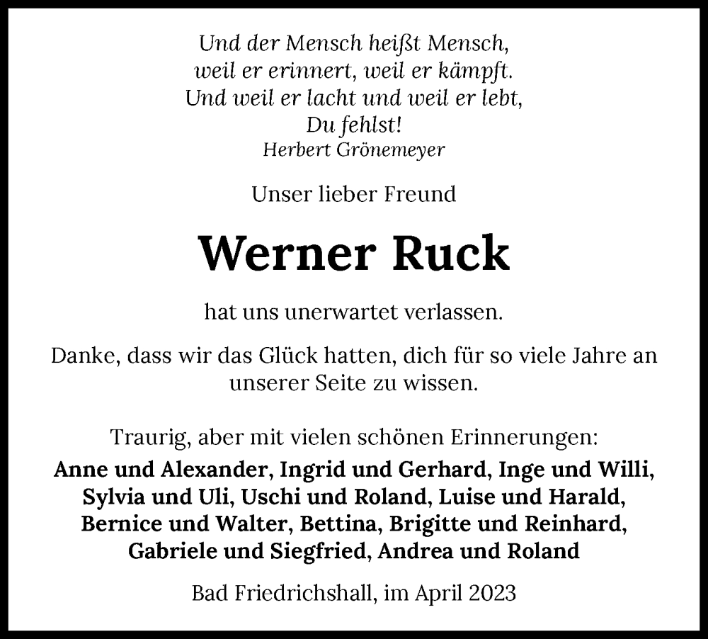  Traueranzeige für Werner Ruck vom 13.04.2023 aus GESAMT