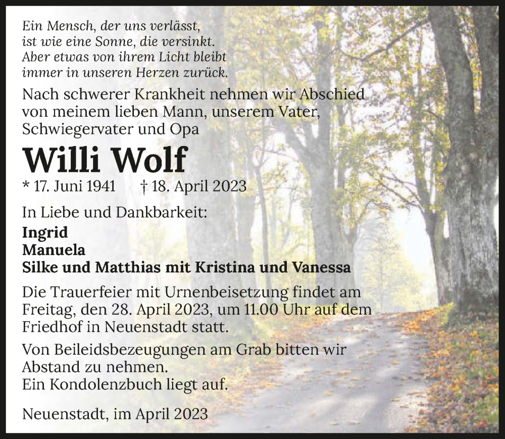  Traueranzeige für Willi Wolf vom 26.04.2023 aus GESAMT