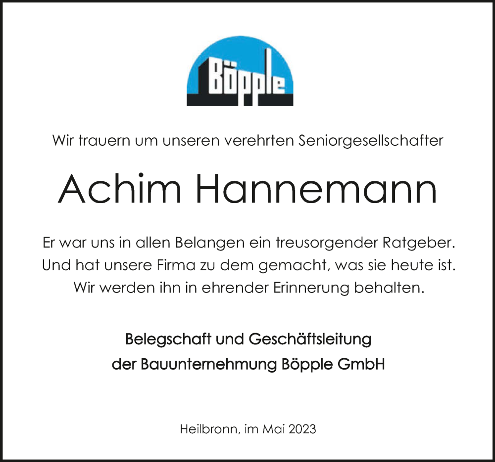 Traueranzeige für Achim Hannemann vom 13.05.2023 aus GESAMT