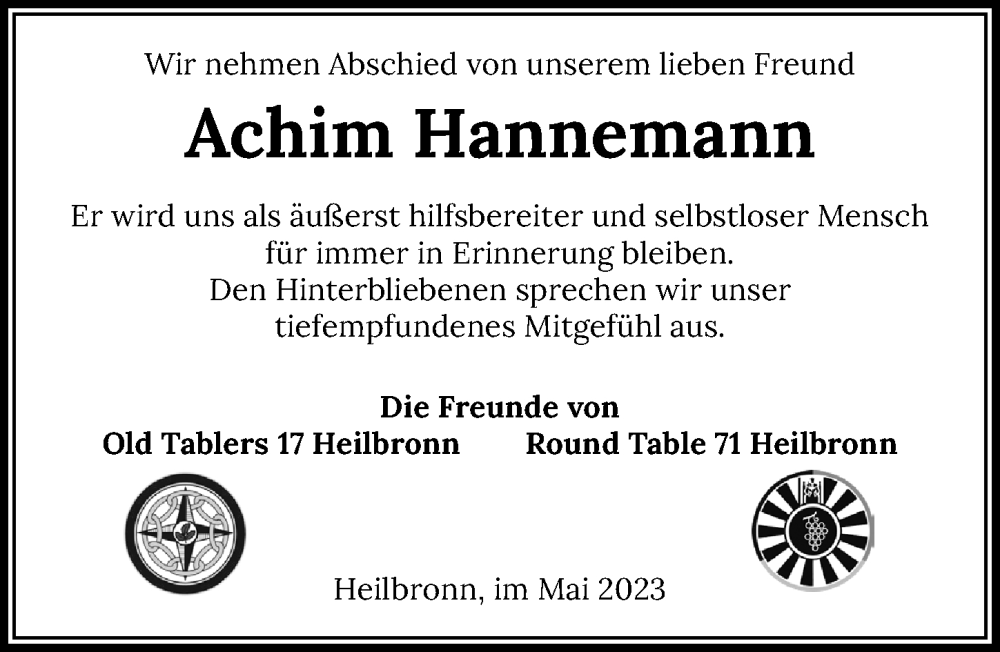  Traueranzeige für Achim Hannemann vom 13.05.2023 aus GESAMT