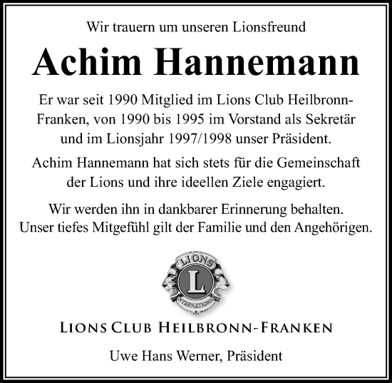 Traueranzeige von Achim Hannemann von GESAMT