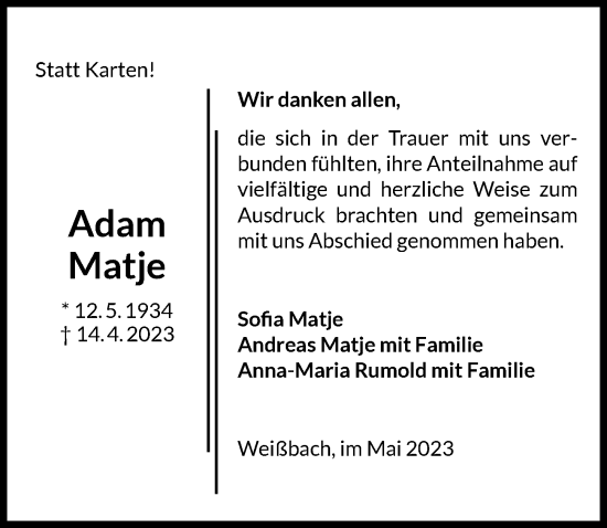 Traueranzeige von Adam Matje von GESAMT