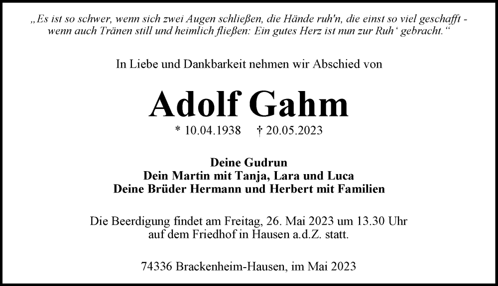  Traueranzeige für Adolf Gahm vom 23.05.2023 aus GESAMT