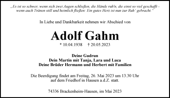 Traueranzeige von Adolf Gahm von GESAMT