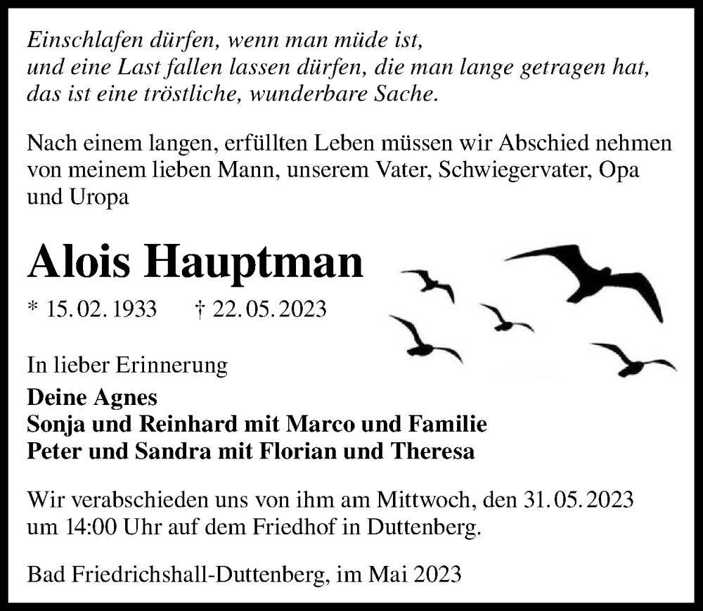  Traueranzeige für Alois Hauptman vom 27.05.2023 aus GESAMT