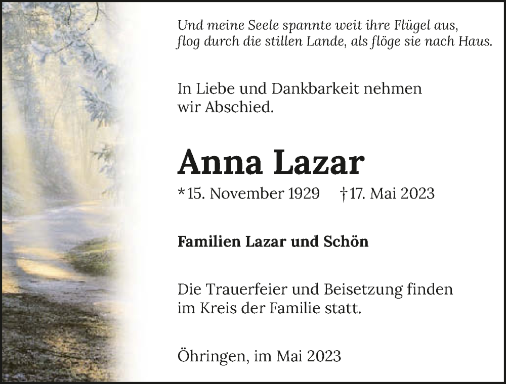  Traueranzeige für Anna Lazar vom 26.05.2023 aus GESAMT