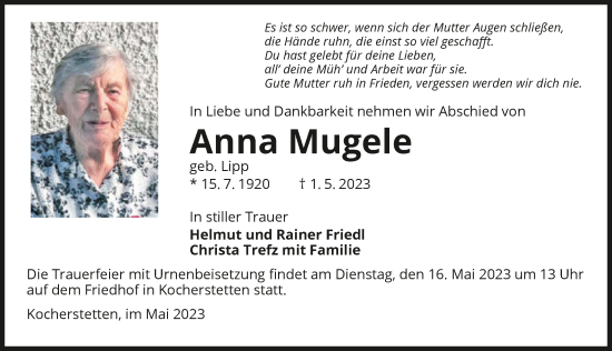 Traueranzeige von Anna Mugele von GESAMT
