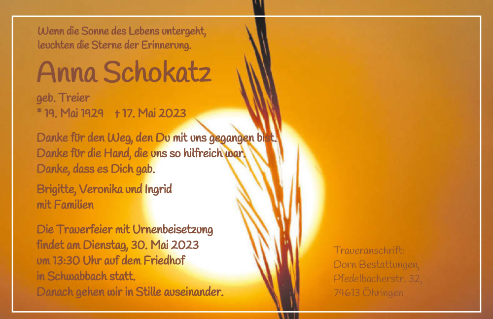  Traueranzeige für Anna Schokatz vom 24.05.2023 aus GESAMT