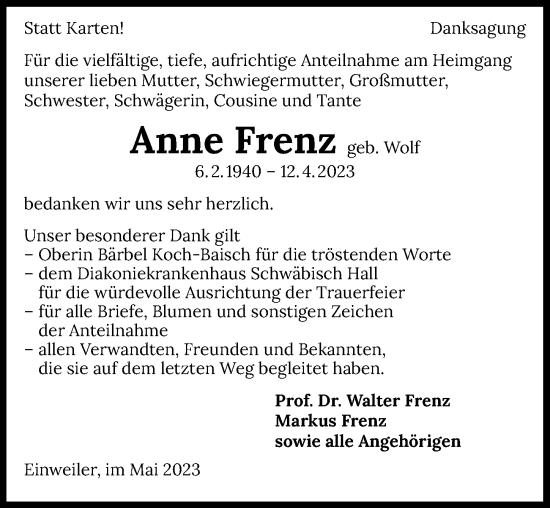 Traueranzeige von Anne Frenz von GESAMT