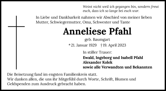 Traueranzeige von Anneliese Pfahl von GESAMT