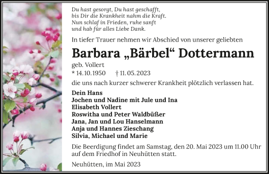 Traueranzeige von Barbara Dottermann von GESAMT