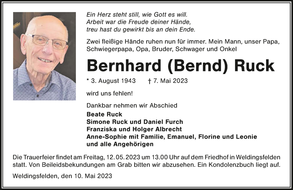  Traueranzeige für Bernhard Ruck vom 10.05.2023 aus GESAMT