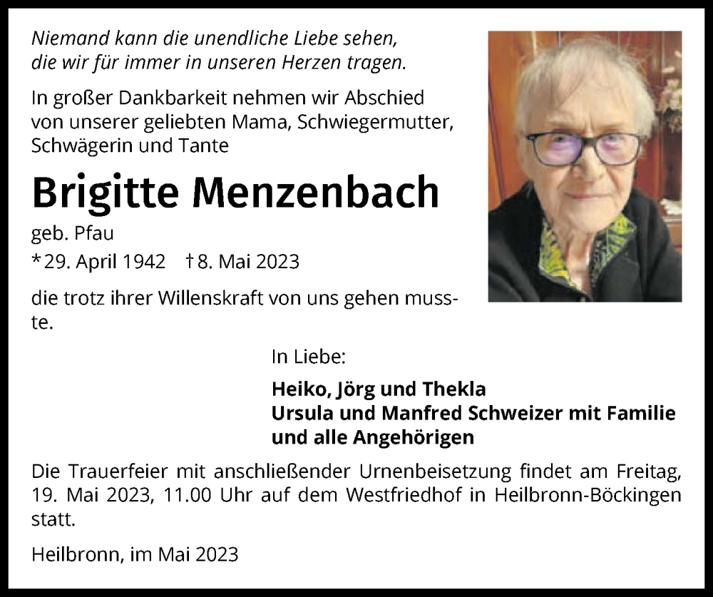  Traueranzeige für Brigitte Menzenbach vom 13.05.2023 aus GESAMT