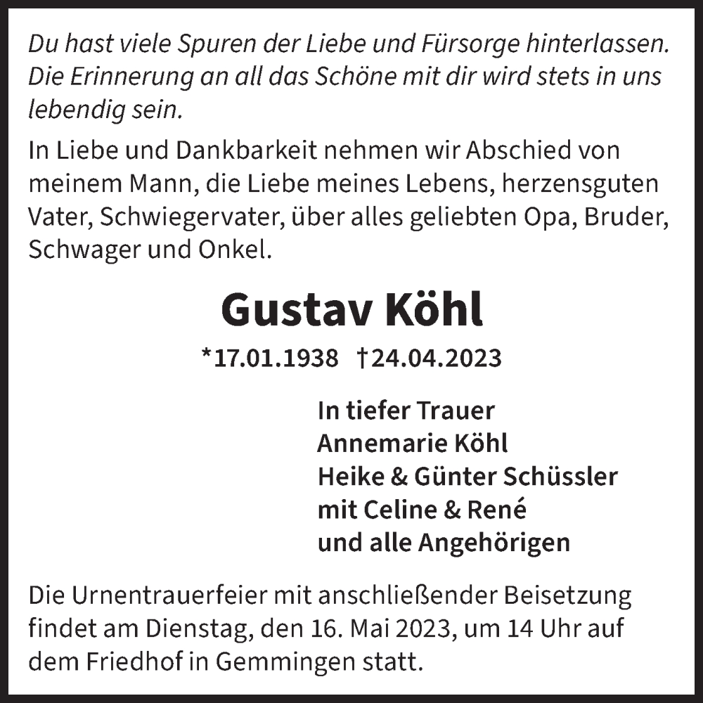  Traueranzeige für Gustav Köhl vom 13.05.2023 aus GESAMT