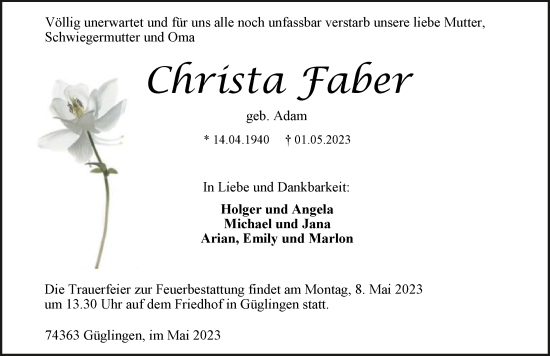Traueranzeige von Christa Faber von GESAMT