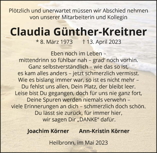 Traueranzeige von Claudia Günther-Kreitner von GESAMT