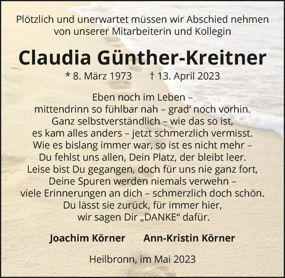  Traueranzeige für Claudia Günther-Kreitner vom 06.05.2023 aus GESAMT
