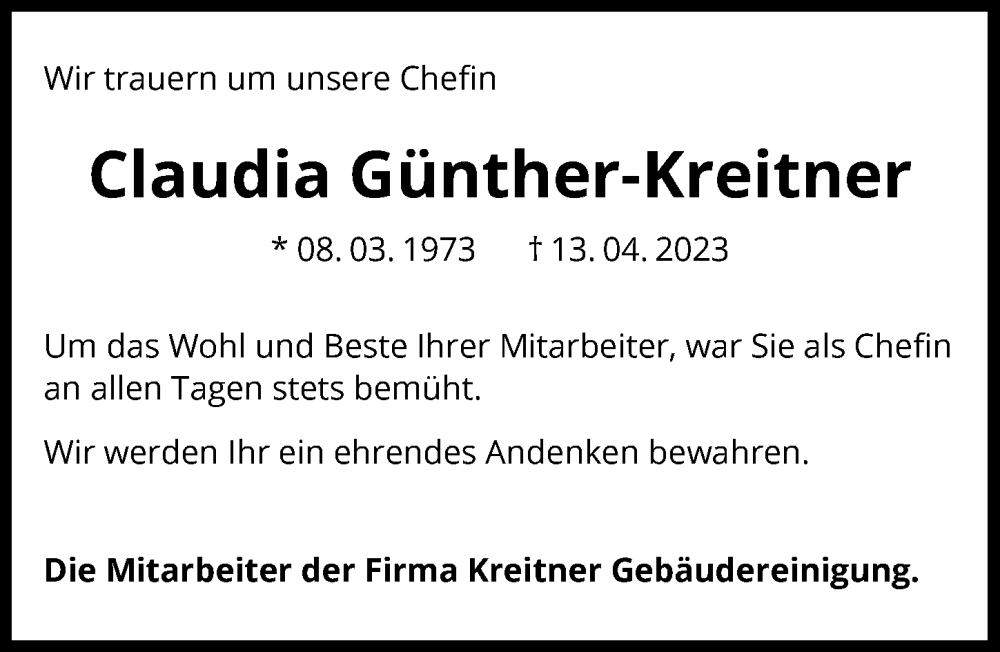  Traueranzeige für Claudia Günther-Kreitner vom 06.05.2023 aus GESAMT