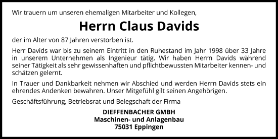 Traueranzeige von Claus Davids von GESAMT