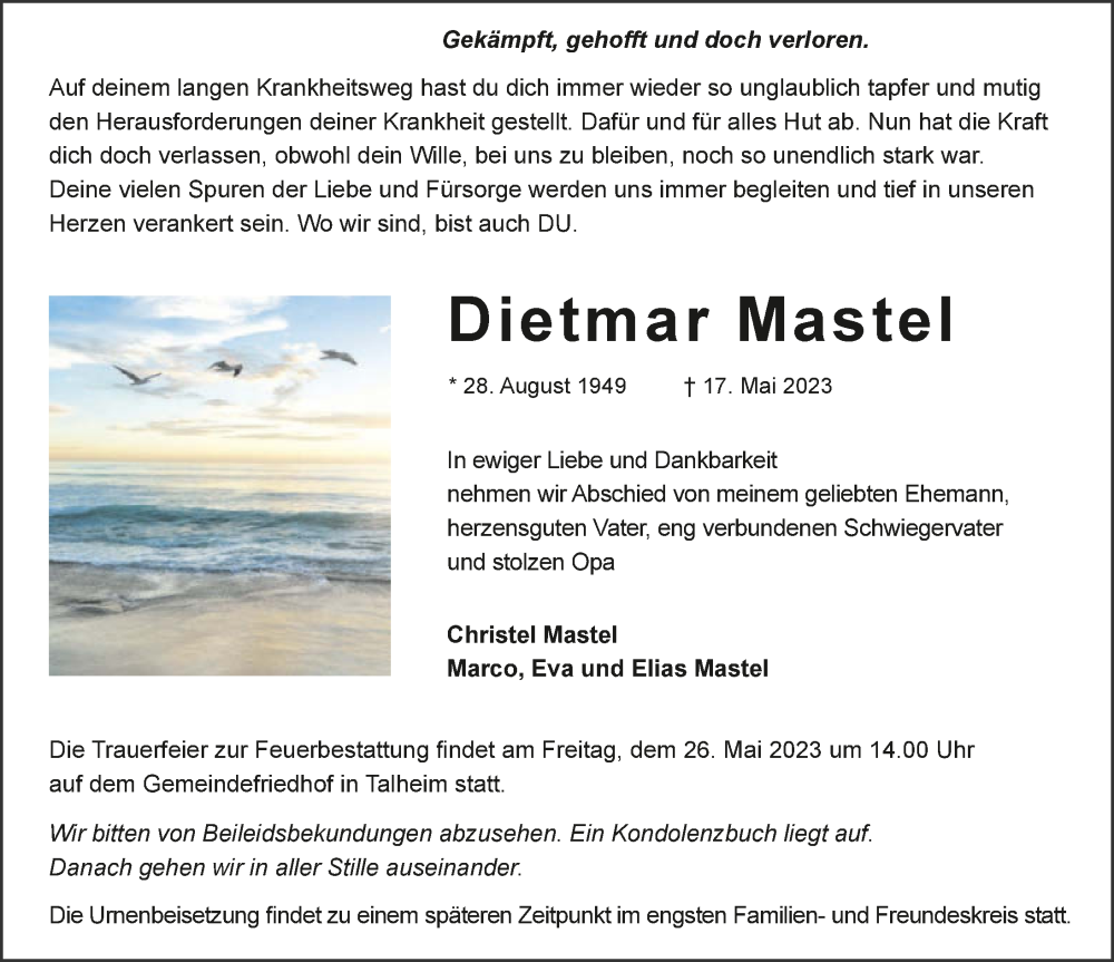  Traueranzeige für Dietmar Mastel vom 23.05.2023 aus GESAMT