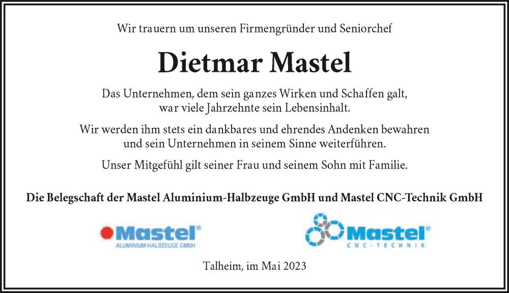  Traueranzeige für Dietmar Mastel vom 23.05.2023 aus GESAMT