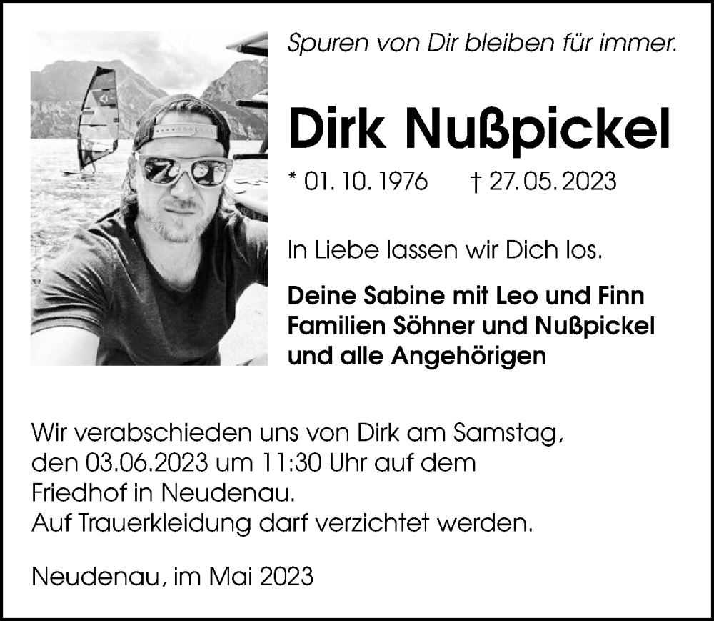  Traueranzeige für Dirk Nußpickel vom 31.05.2023 aus GESAMT