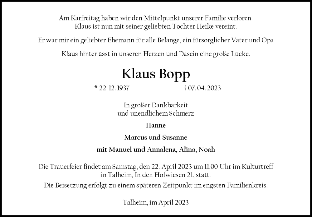  Traueranzeige für Klaus Bopp vom 13.04.2023 aus GESAMT