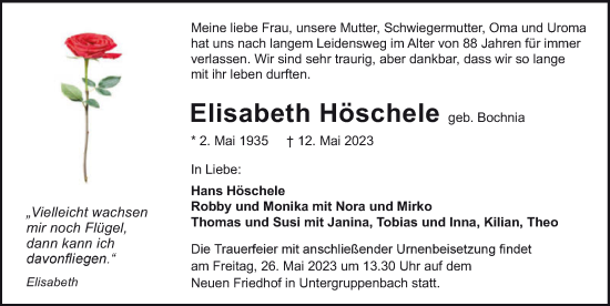 Traueranzeige von Elisabeth Höschele von GESAMT