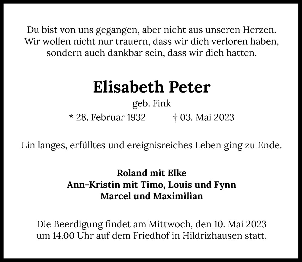  Traueranzeige für Elisabeth Peter vom 06.05.2023 aus GESAMT