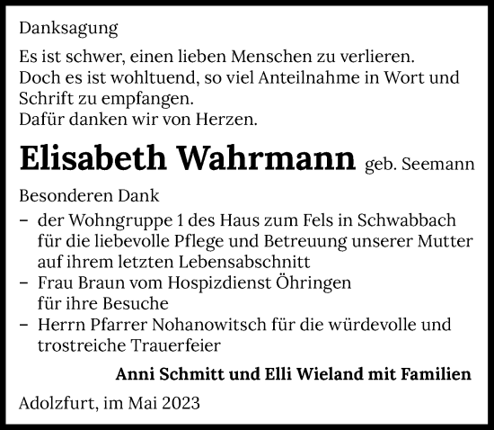 Traueranzeige von Elisabeth Wahrmann von GESAMT
