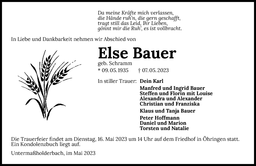  Traueranzeige für Else Bauer vom 12.05.2023 aus GESAMT