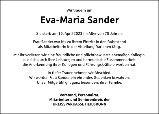Traueranzeige von Eva-Maria Sander von GESAMT