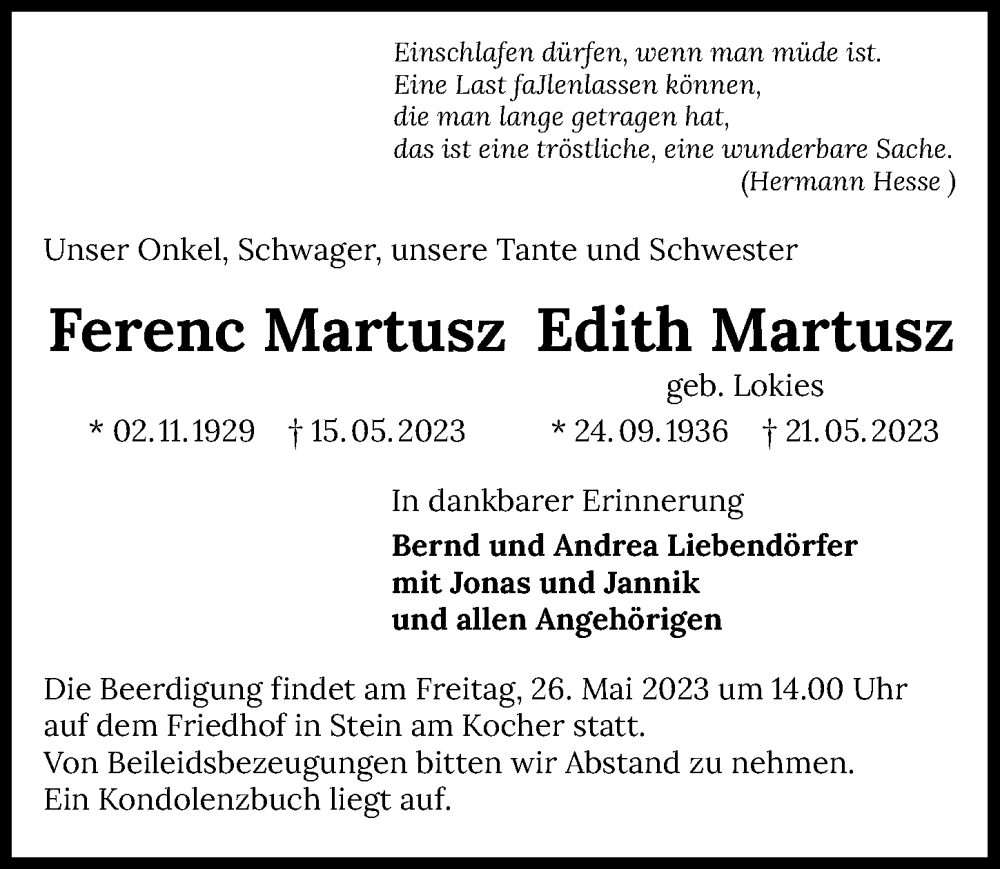  Traueranzeige für Ferenc Martusz vom 24.05.2023 aus GESAMT