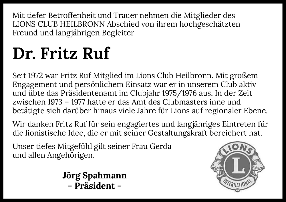  Traueranzeige für Fritz Ruf vom 27.05.2023 aus GESAMT