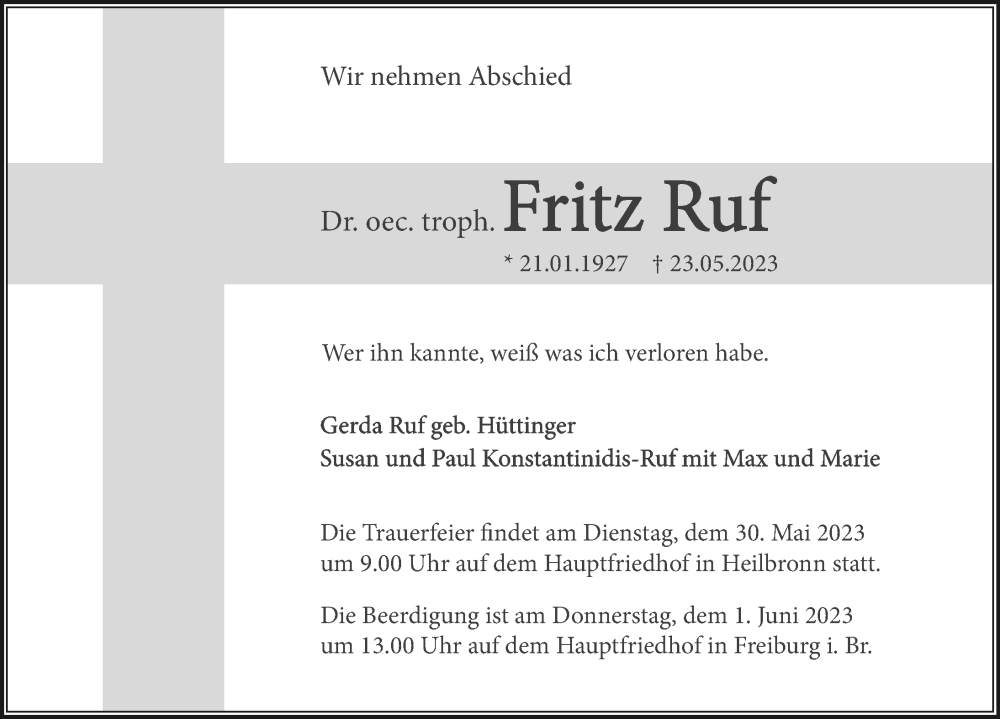  Traueranzeige für Fritz Ruf vom 26.05.2023 aus GESAMT