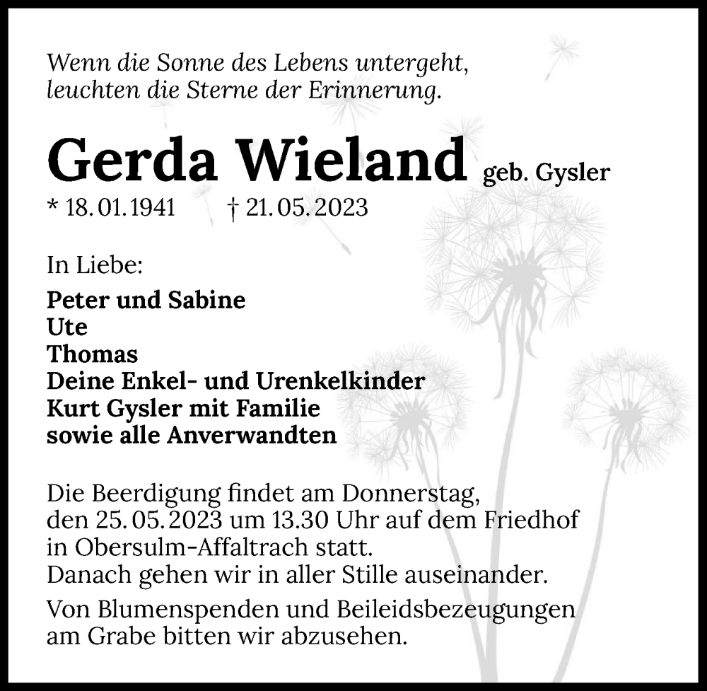  Traueranzeige für Gerda Wieland vom 23.05.2023 aus GESAMT
