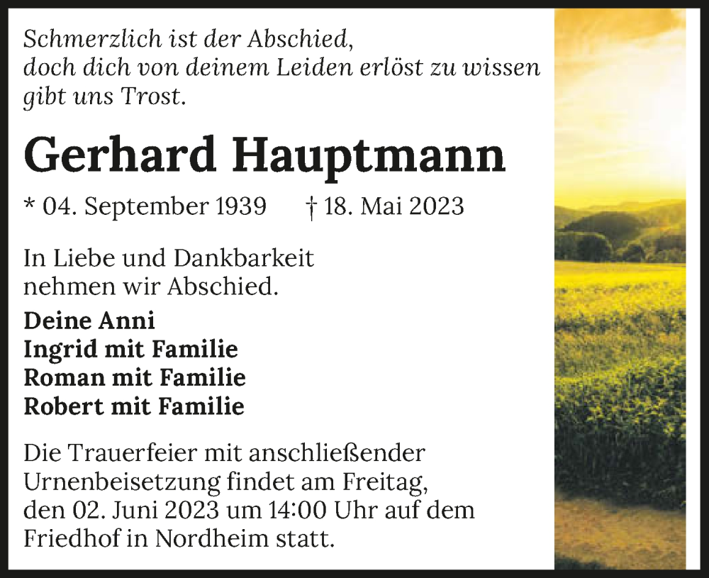  Traueranzeige für Gerhard Hauptmann vom 27.05.2023 aus GESAMT