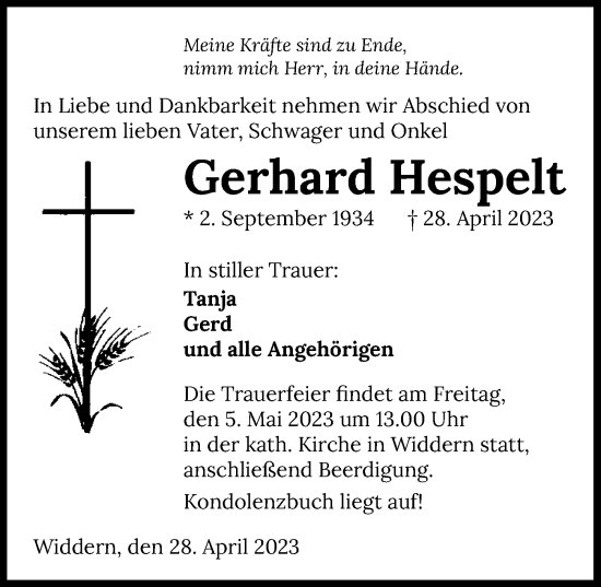 Traueranzeige von Gerhard Hespelt von GESAMT