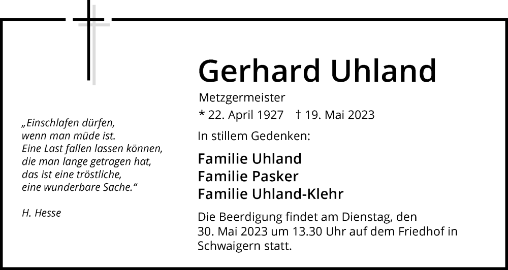  Traueranzeige für Gerhard Uhland vom 27.05.2023 aus GESAMT
