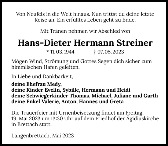 Traueranzeige von Hans-Dieter Hermann Streiner von GESAMT