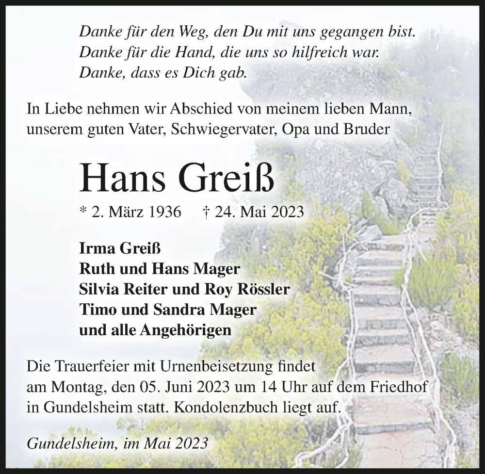  Traueranzeige für Hans Greiß vom 31.05.2023 aus GESAMT