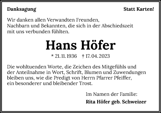 Traueranzeige von Hans Höfer von GESAMT