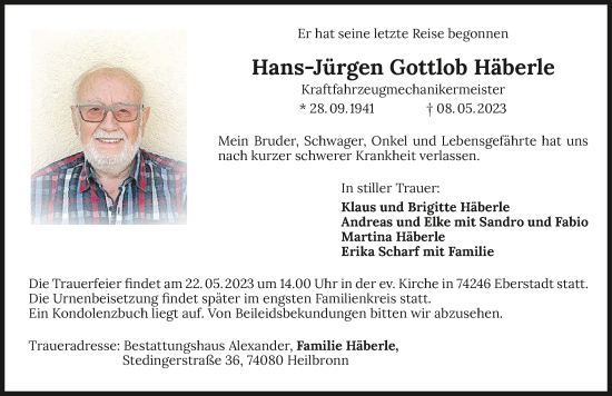 Traueranzeige von Hans-Jürgen Gottlob Häberle von GESAMT