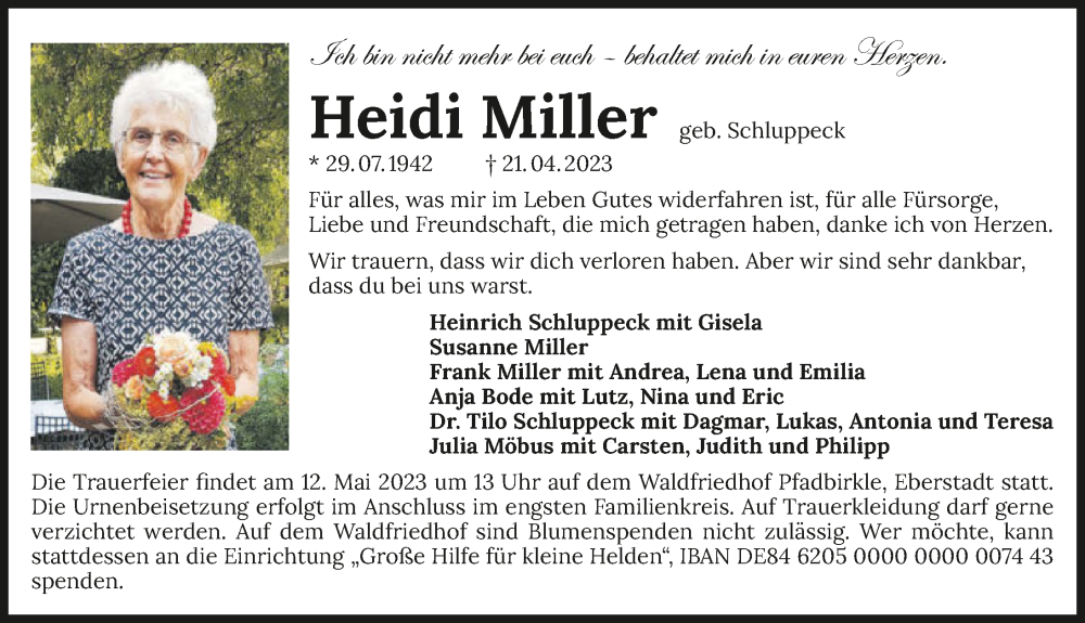  Traueranzeige für Heidi Miller vom 06.05.2023 aus GESAMT