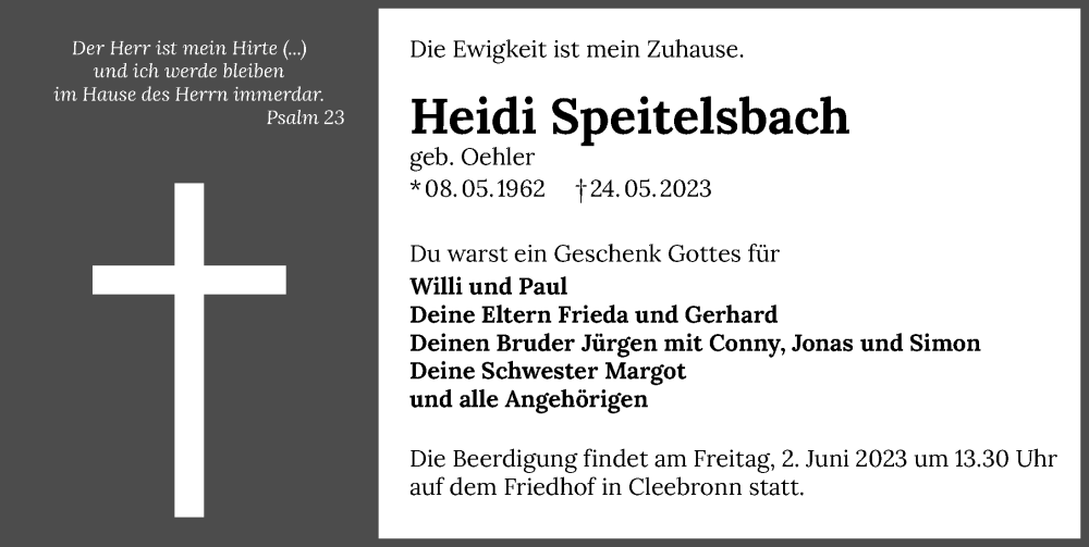  Traueranzeige für Heidi Speitelsbach vom 31.05.2023 aus GESAMT