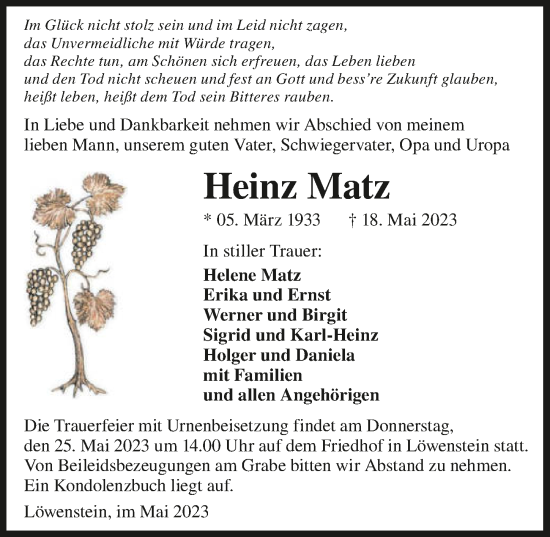 Traueranzeige von Heinz Matz von GESAMT