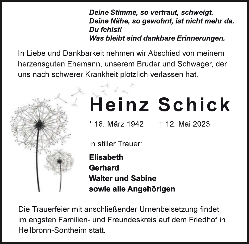  Traueranzeige für Heinz Schick vom 20.05.2023 aus GESAMT